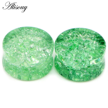 Alisouy 2pcs Crack Ear Expander Body Piercing Jewelry Organic Shattered Glass Ear Saddle Plugs Double Flared Tunnel Gauges