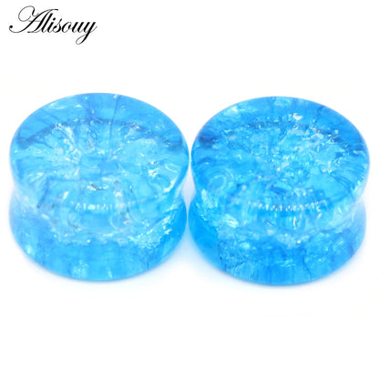 Alisouy 2pcs Crack Ear Expander Body Piercing Jewelry Organic Shattered Glass Ear Saddle Plugs Double Flared Tunnel Gauges