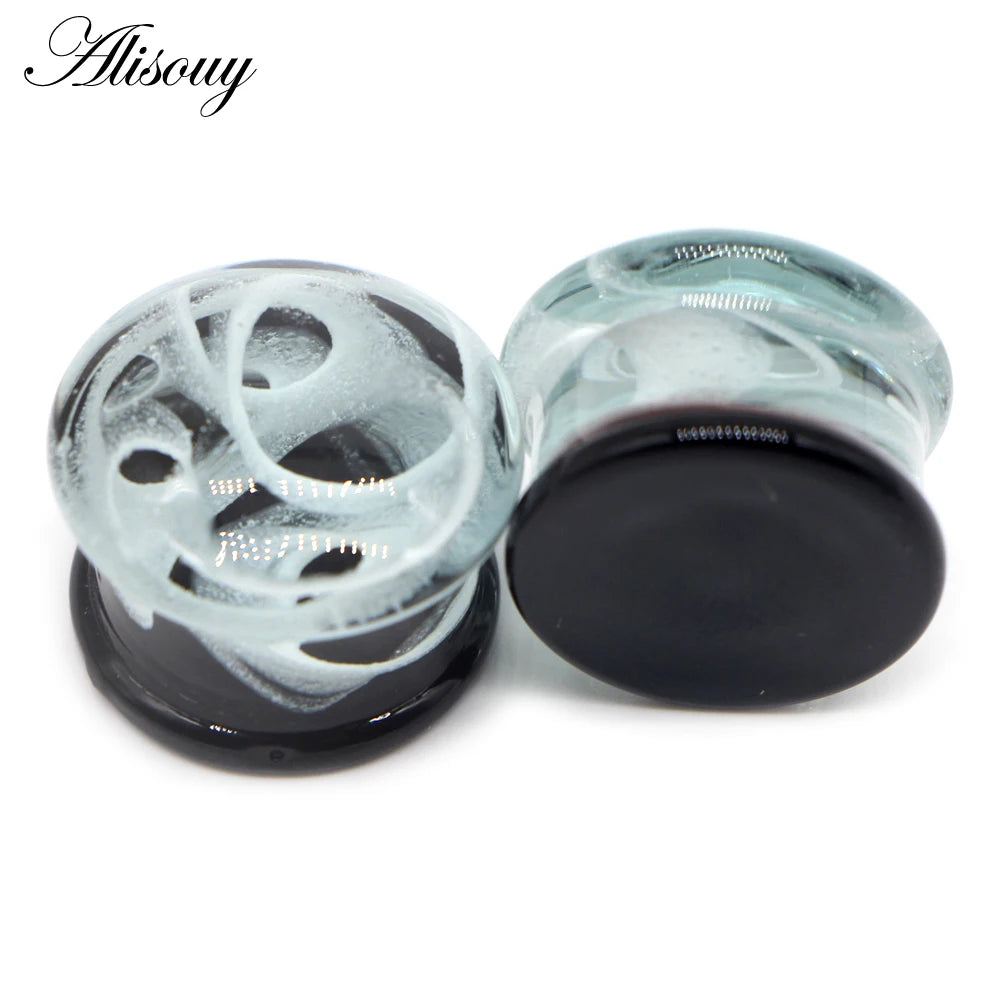Alisouy 2PCS Fashion Round Blue Milky Way Glass Ear Piercing Plugs Strechers Fake Earrrings Romantic Gift For Unisex 6mm to 25mm