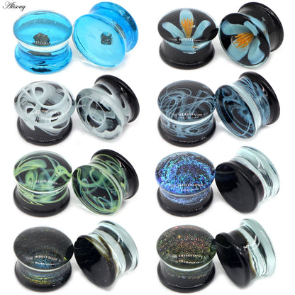 Alisouy 2PCS Fashion Round Blue Milky Way Glass Ear Piercing Plugs Strechers Fake Earrrings Romantic Gift For Unisex 6mm to 25mm
