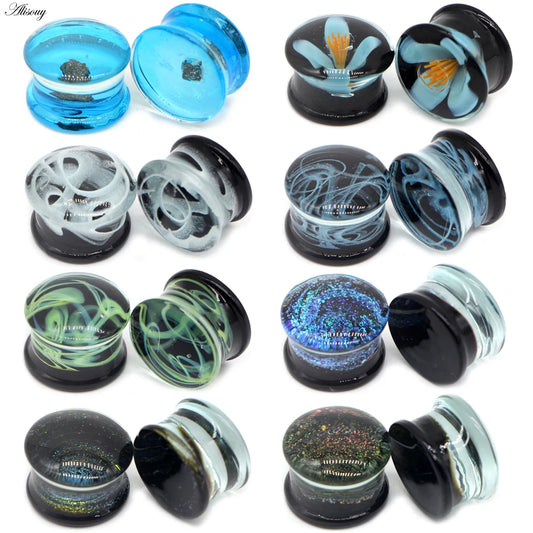 Alisouy 2PCS Fashion Round Blue Milky Way Glass Ear Piercing Plugs Strechers Fake Earrrings Romantic Gift For Unisex 6mm to 25mm
