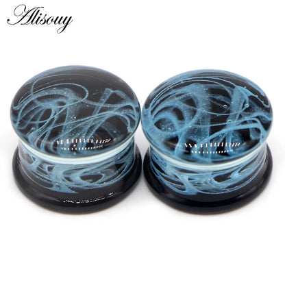 Alisouy 2PCS Fashion Round Blue Milky Way Glass Ear Piercing Plugs Strechers Fake Earrrings Romantic Gift For Unisex 6mm to 25mm