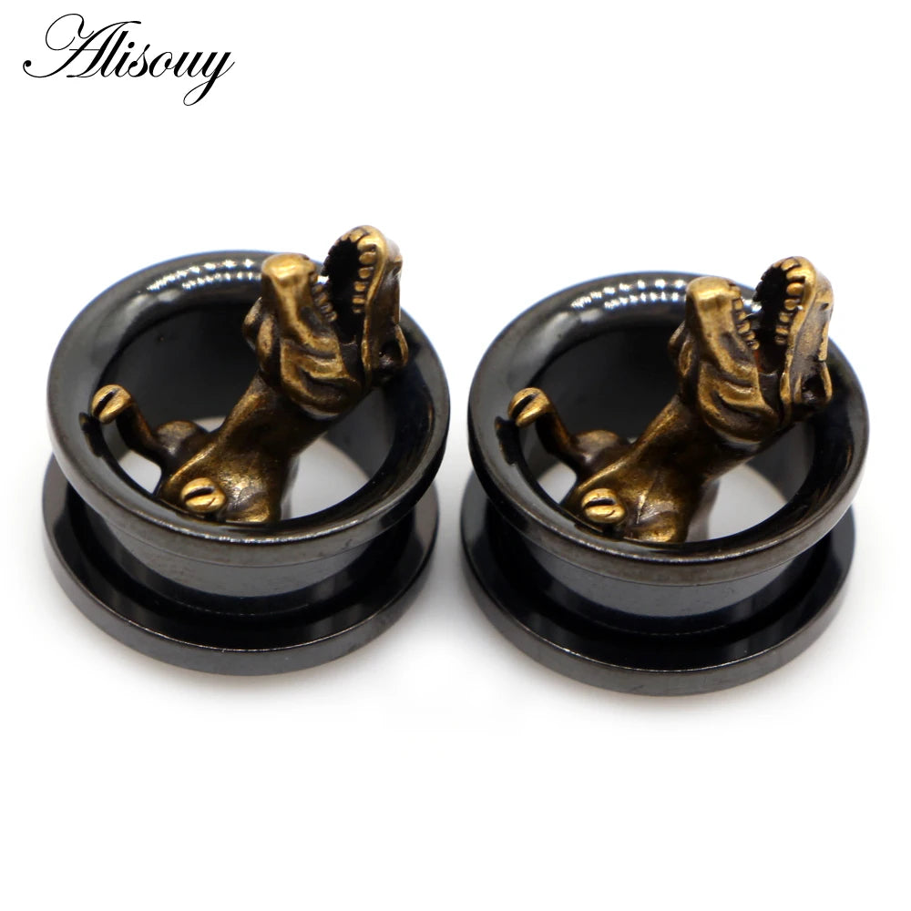 Alisouy 2pcs Piercing Ear Gauges Expander Stainless Steel Dinosaur Earrings Plugs Tunnels Screw Fashion Piercing Body Jewelry
