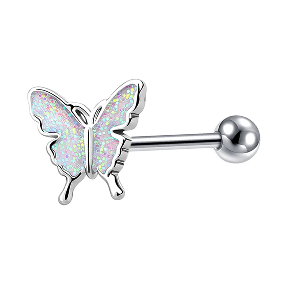 Starbeauty New Rainbow Sequins Butterfly Tongue Piercing Barbell 14G Tongue Rings Surgical Steel Bars Tounge Ring Unisex Jewelry