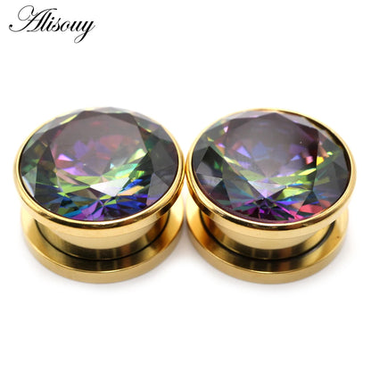 Alisouy 2pcs Stainless Steel Zirconia Crystal Screw Ear Tunnels Plugs Expander Stretcher Gauges Earrings Body Piercing Jewelry