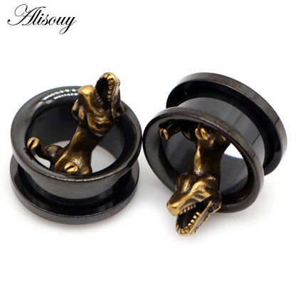 Alisouy 2pcs Piercing Ear Gauges Expander Stainless Steel Dinosaur Earrings Plugs Tunnels Screw Fashion Piercing Body Jewelry