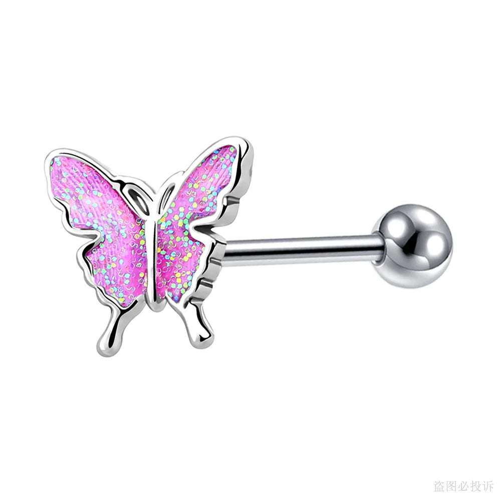 Starbeauty New Rainbow Sequins Butterfly Tongue Piercing Barbell 14G Tongue Rings Surgical Steel Bars Tounge Ring Unisex Jewelry