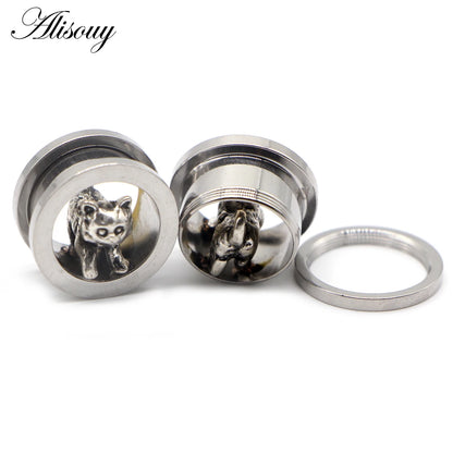 Alisouy 2pcs Piercing Ear Gauges Expander Stainless Steel Dinosaur Earrings Plugs Tunnels Screw Fashion Piercing Body Jewelry