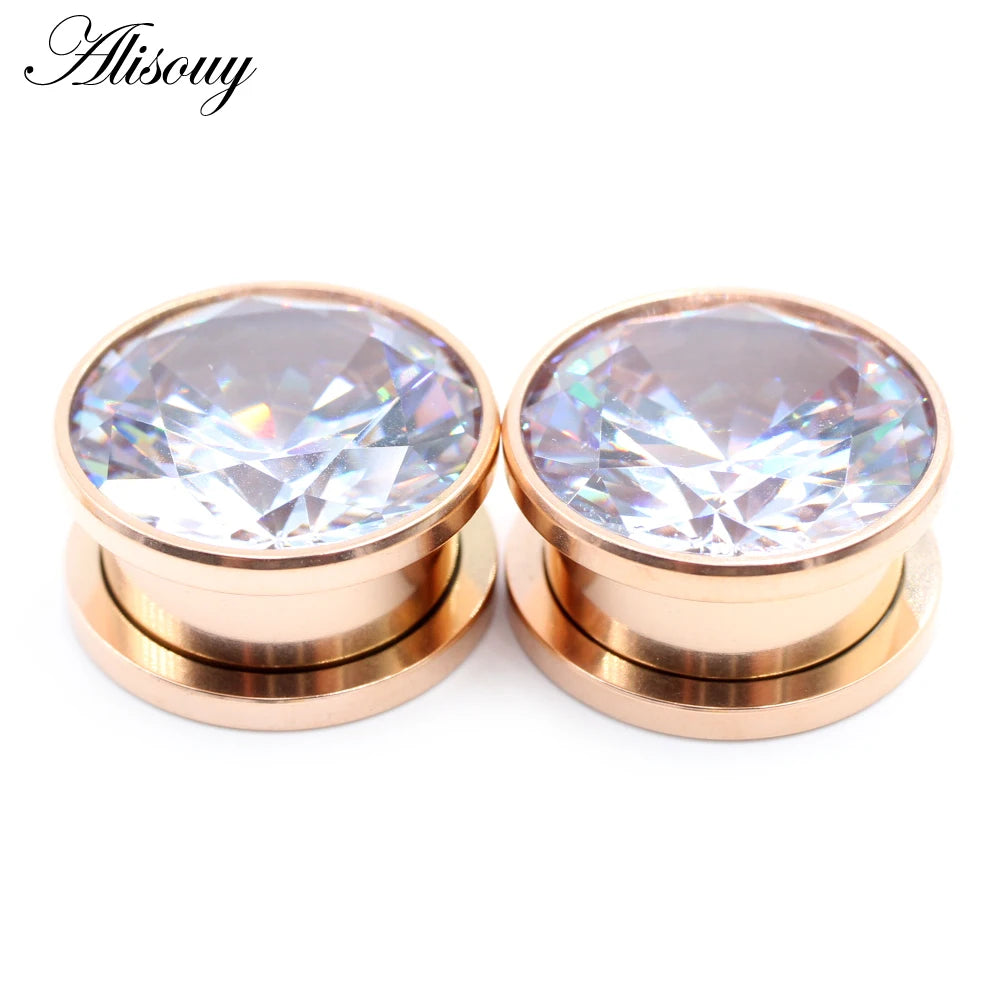 Alisouy 2pcs Stainless Steel Zirconia Crystal Screw Ear Tunnels Plugs Expander Stretcher Gauges Earrings Body Piercing Jewelry