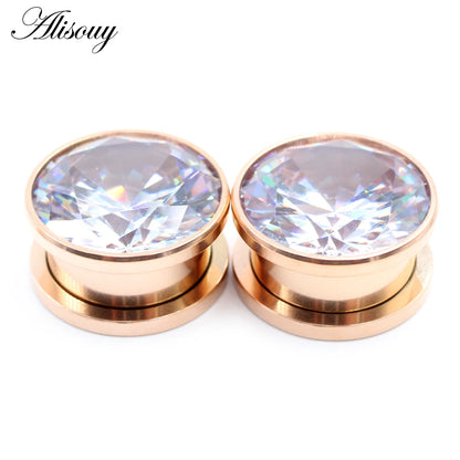 Alisouy 2pcs Stainless Steel Zirconia Crystal Screw Ear Tunnels Plugs Expander Stretcher Gauges Earrings Body Piercing Jewelry