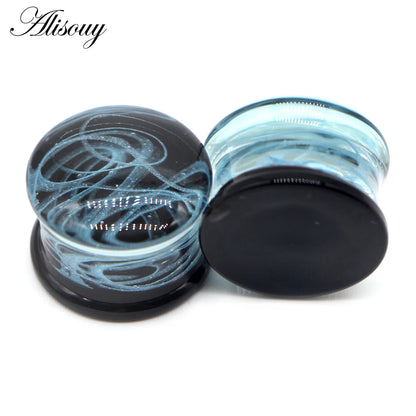 Alisouy 2PCS Fashion Round Blue Milky Way Glass Ear Piercing Plugs Strechers Fake Earrrings Romantic Gift For Unisex 6mm to 25mm