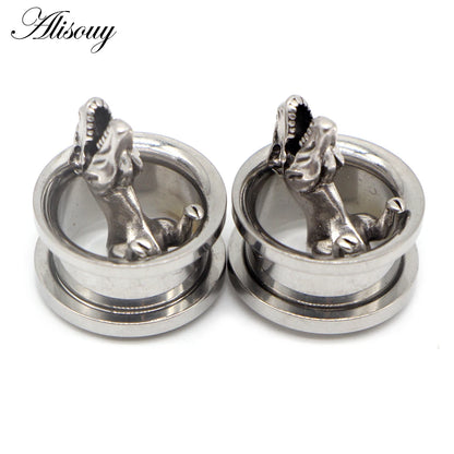 Alisouy 2pcs Piercing Ear Gauges Expander Stainless Steel Dinosaur Earrings Plugs Tunnels Screw Fashion Piercing Body Jewelry