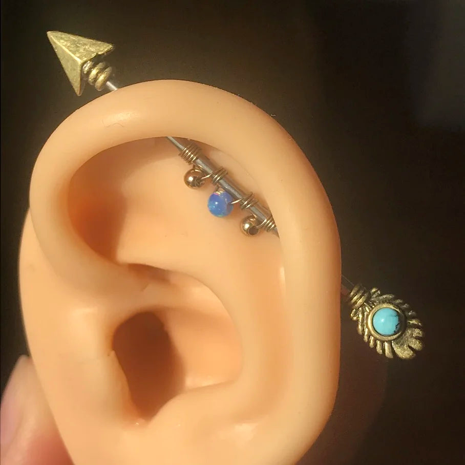Opal Industrial Piercing 14G Stainless Steel 38mm Arrow Dangle Barbell Bar Helix Daith Conch Earring Body Jewelry