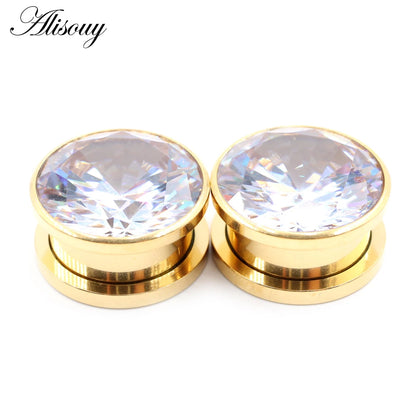 Alisouy 2pcs Stainless Steel Zirconia Crystal Screw Ear Tunnels Plugs Expander Stretcher Gauges Earrings Body Piercing Jewelry