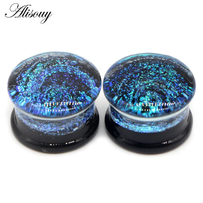Alisouy 2PCS Fashion Round Blue Milky Way Glass Ear Piercing Plugs Strechers Fake Earrrings Romantic Gift For Unisex 6mm to 25mm
