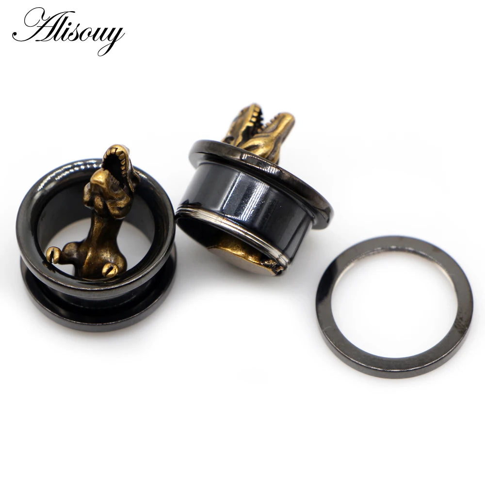 Alisouy 2pcs Piercing Ear Gauges Expander Stainless Steel Dinosaur Earrings Plugs Tunnels Screw Fashion Piercing Body Jewelry