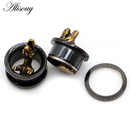 Alisouy 2pcs Piercing Ear Gauges Expander Stainless Steel Dinosaur Earrings Plugs Tunnels Screw Fashion Piercing Body Jewelry