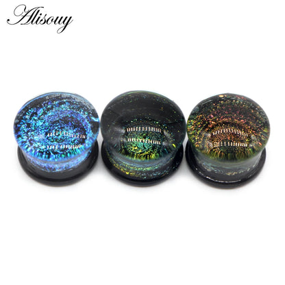 Alisouy 2PCS Fashion Round Blue Milky Way Glass Ear Piercing Plugs Strechers Fake Earrrings Romantic Gift For Unisex 6mm to 25mm