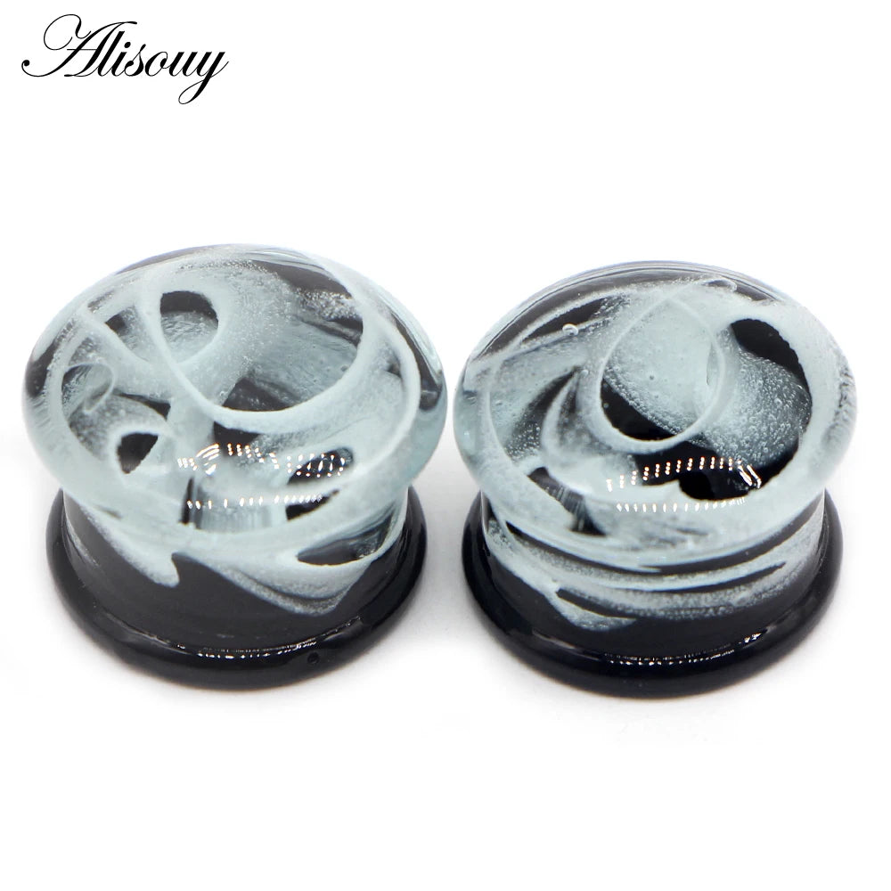 Alisouy 2PCS Fashion Round Blue Milky Way Glass Ear Piercing Plugs Strechers Fake Earrrings Romantic Gift For Unisex 6mm to 25mm