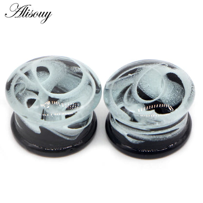 Alisouy 2PCS Fashion Round Blue Milky Way Glass Ear Piercing Plugs Strechers Fake Earrrings Romantic Gift For Unisex 6mm to 25mm