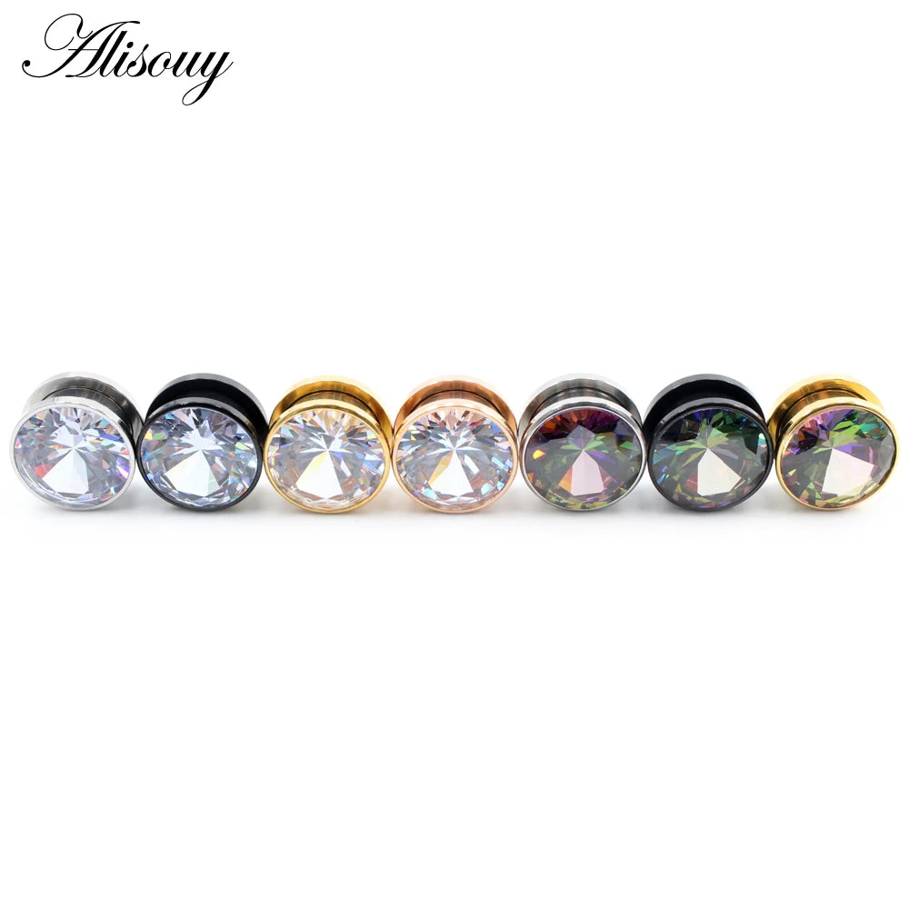Alisouy 2pcs Stainless Steel Zirconia Crystal Screw Ear Tunnels Plugs Expander Stretcher Gauges Earrings Body Piercing Jewelry