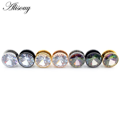 Alisouy 2pcs Stainless Steel Zirconia Crystal Screw Ear Tunnels Plugs Expander Stretcher Gauges Earrings Body Piercing Jewelry
