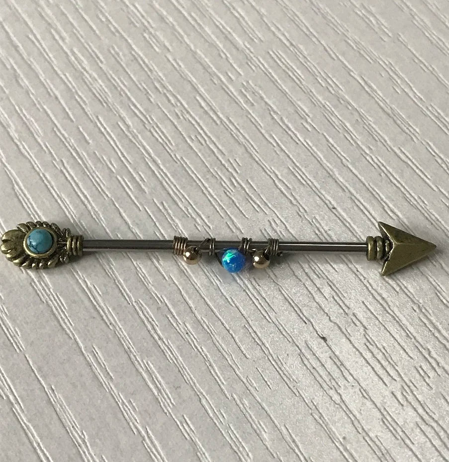 Opal Industrial Piercing 14G Stainless Steel 38mm Arrow Dangle Barbell Bar Helix Daith Conch Earring Body Jewelry