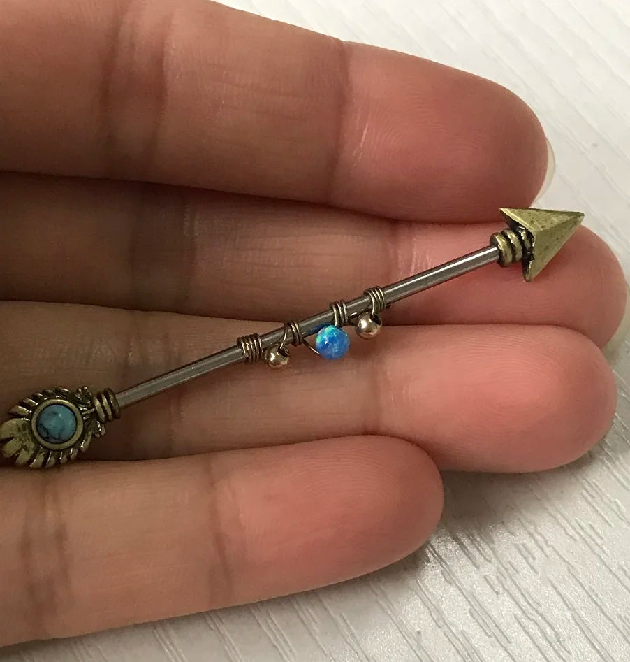 Opal Industrial Piercing 14G Stainless Steel 38mm Arrow Dangle Barbell Bar Helix Daith Conch Earring Body Jewelry