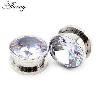 Alisouy 2pcs Stainless Steel Zirconia Crystal Screw Ear Tunnels Plugs Expander Stretcher Gauges Earrings Body Piercing Jewelry