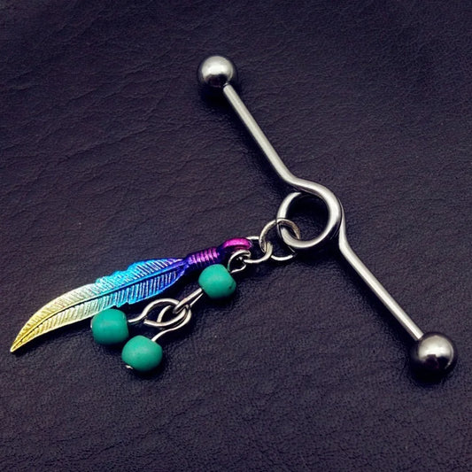 1PC Long Stainless Steel Industrial Piercing Ear Cartilage Straight Bar Jewelry Boho Feather Pendant Earring Ear Barbell Jewelry