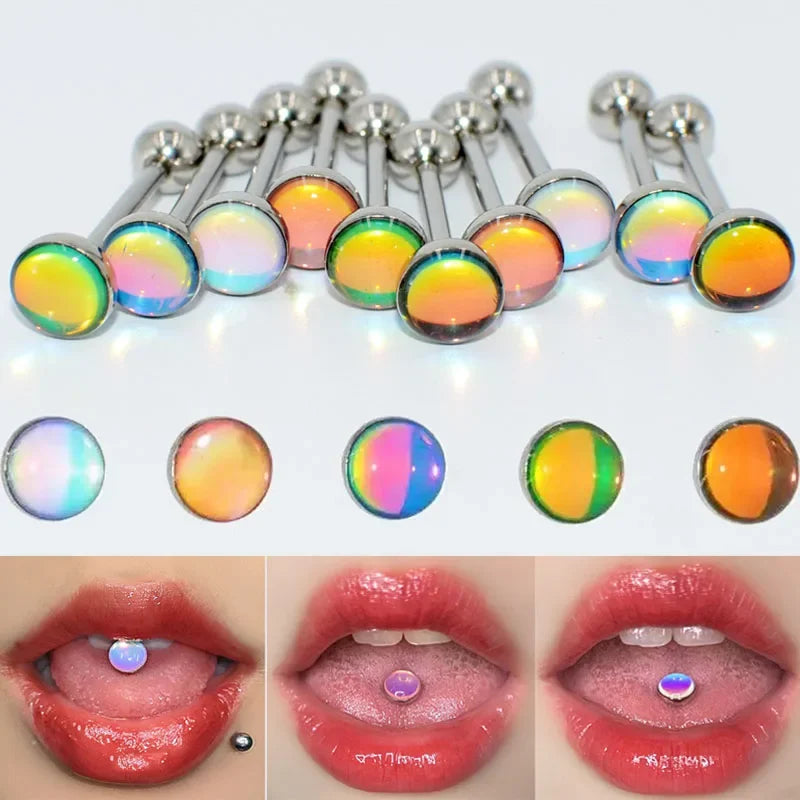 Stainless Steel Tongue Piercing Rings 14G Oil Luminescence Pink Blue Tongue Stud Studs Earrings BCR Piercings Body Jewelry Gifts