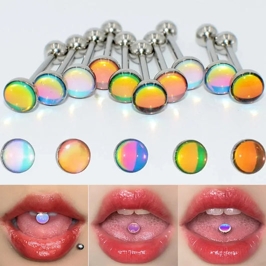 Stainless Steel Tongue Piercing Rings 14G Oil Luminescence Pink Blue Tongue Stud Studs Earrings BCR Piercings Body Jewelry Gifts