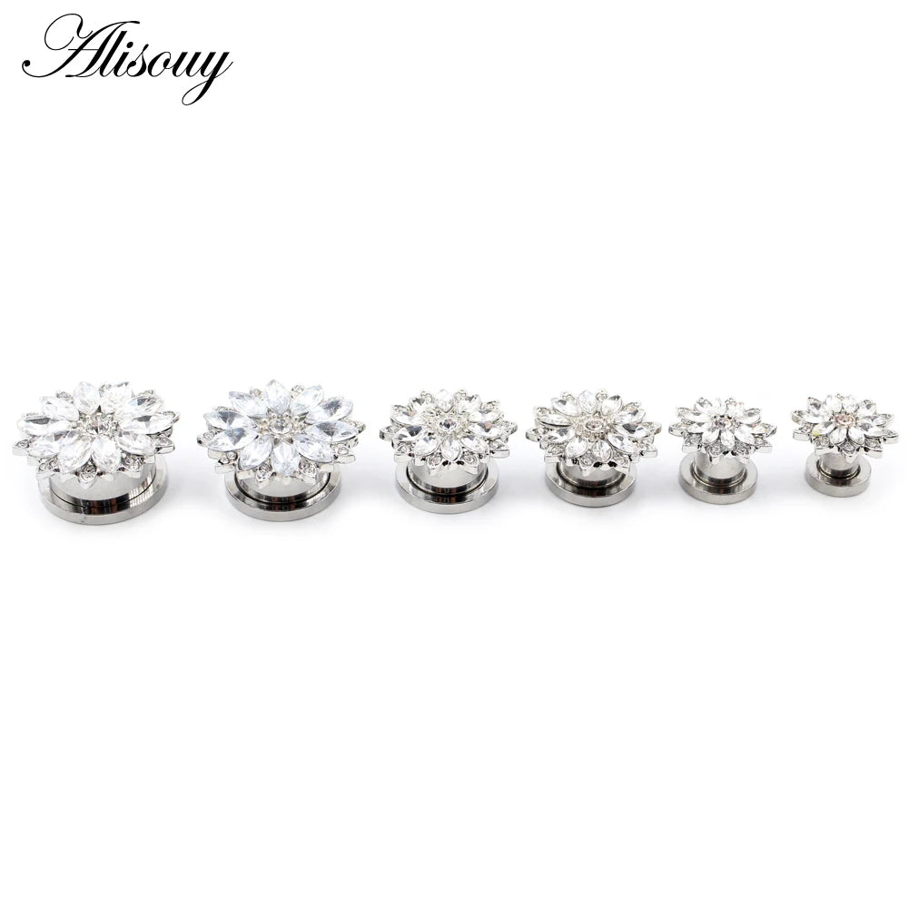 Alisouy 2pcs Stainless Steel Flower Zirconia Moon Star Clock Heart Screw Ear Tunnels Plugs Expander Gauges Body Piercing Jewelry