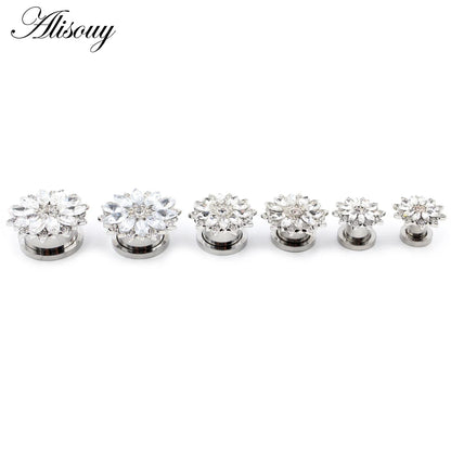 Alisouy 2pcs Stainless Steel Flower Zirconia Moon Star Clock Heart Screw Ear Tunnels Plugs Expander Gauges Body Piercing Jewelry
