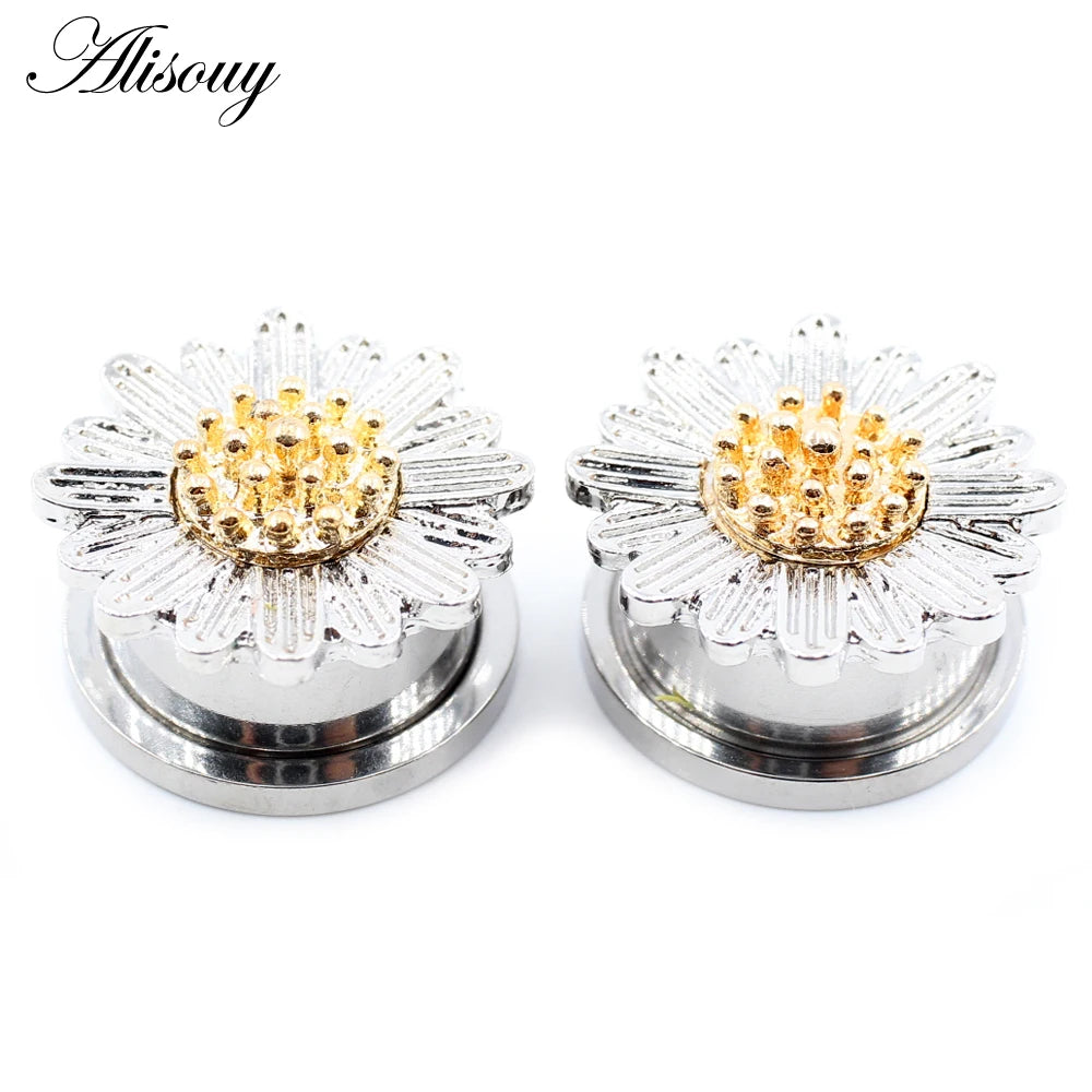 Alisouy 2pcs Stainless Steel Flower Zirconia Moon Star Clock Heart Screw Ear Tunnels Plugs Expander Gauges Body Piercing Jewelry