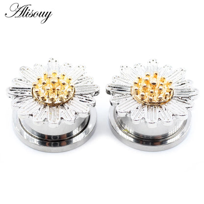 Alisouy 2pcs Stainless Steel Flower Zirconia Moon Star Clock Heart Screw Ear Tunnels Plugs Expander Gauges Body Piercing Jewelry