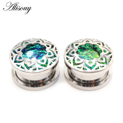 Alisouy 2pcs Retro Stainless Steel Opal Hollow Flower Ear Tunnels Plugs Expander Stretcher Gauges Earrings Body Piercing Jewelry