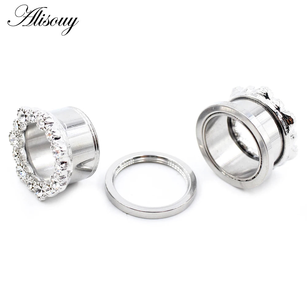 Alisouy 2pcs Stainless Steel Flower Zirconia Moon Star Clock Heart Screw Ear Tunnels Plugs Expander Gauges Body Piercing Jewelry