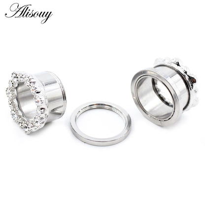 Alisouy 2pcs Stainless Steel Flower Zirconia Moon Star Clock Heart Screw Ear Tunnels Plugs Expander Gauges Body Piercing Jewelry