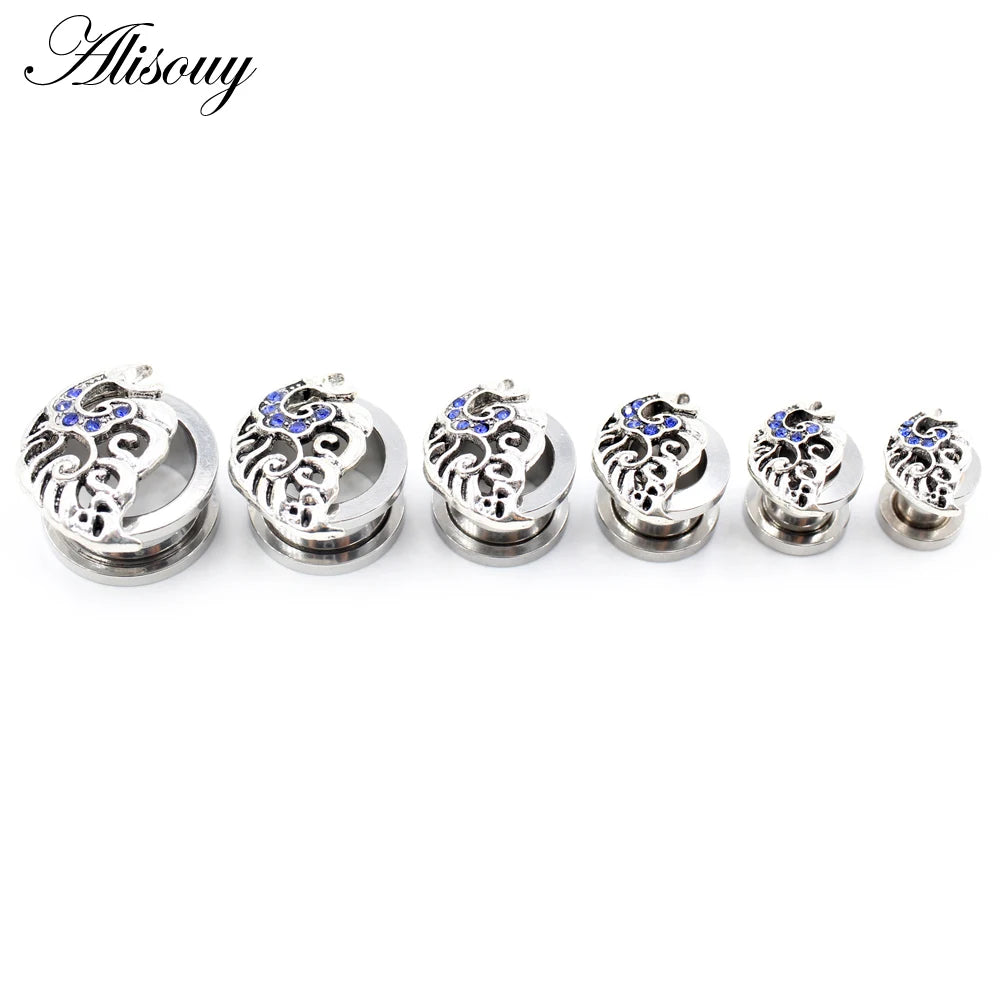 Alisouy 2pcs Stainless Steel Flower Triangle Cone Owl Zircon Star Screw Ear Tunnels Plugs Expander Gauges Body Piercing Jewelry