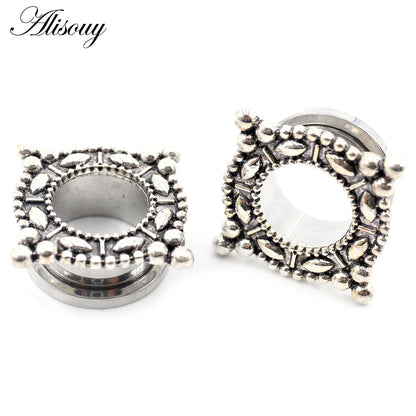 Alisouy 2pcs Stainless Steel Flower Triangle Cone Owl Zircon Star Screw Ear Tunnels Plugs Expander Gauges Body Piercing Jewelry