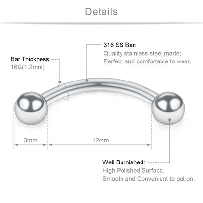 12PCS 16G Stainless Steel Curved Barbell Eyebrow Tragus Helix Ear Belly Lip Ring Body Piercing Jewelry For Women and Men