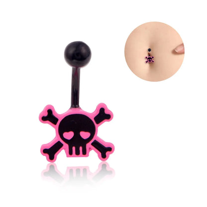 Stylish Stainless Steel Belly Button Ring with Pink Rose Skull Design