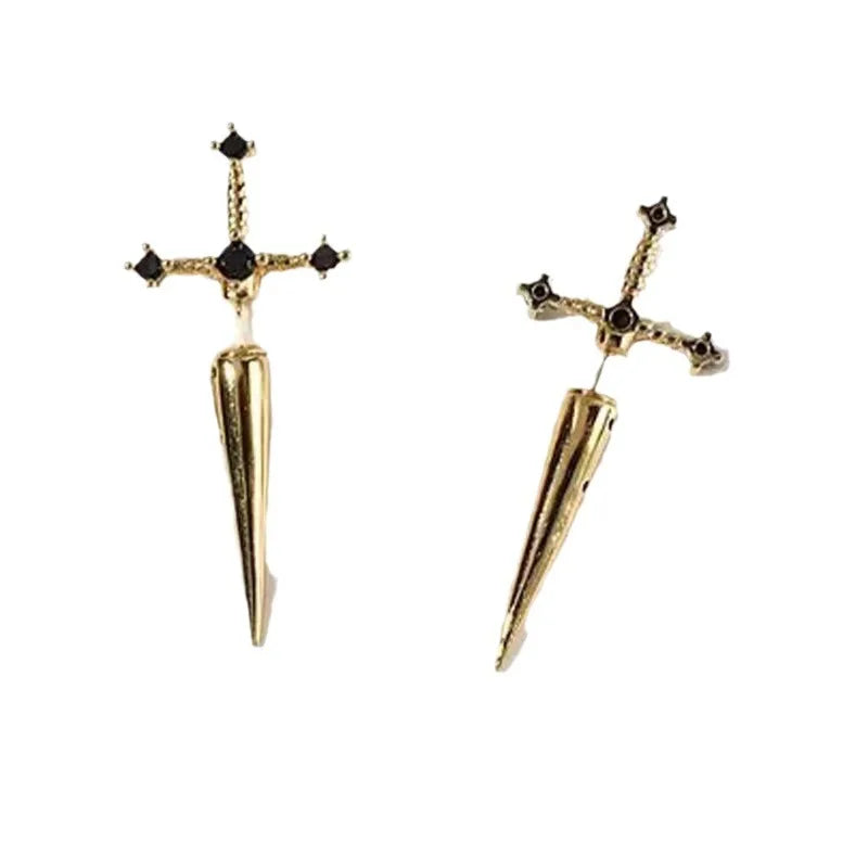 Kiss Jewelry Punk Sword Gothic Kinitial Piercing Earrings for Women Men Goth Crystal Ear Jacket Dagger Stud Earrings Jewelry