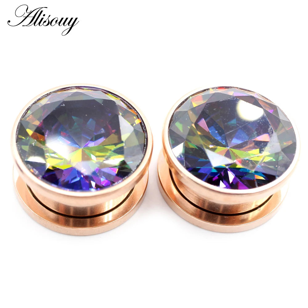 Alisouy 2pcs Stainless Steel Zirconia Crystal Screw Ear Tunnels Plugs Expander Stretcher Gauges Earrings Body Piercing Jewelry
