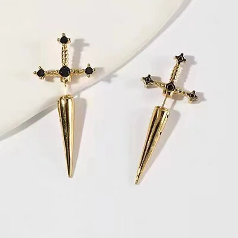 Kiss Jewelry Punk Sword Gothic Kinitial Piercing Earrings for Women Men Goth Crystal Ear Jacket Dagger Stud Earrings Jewelry