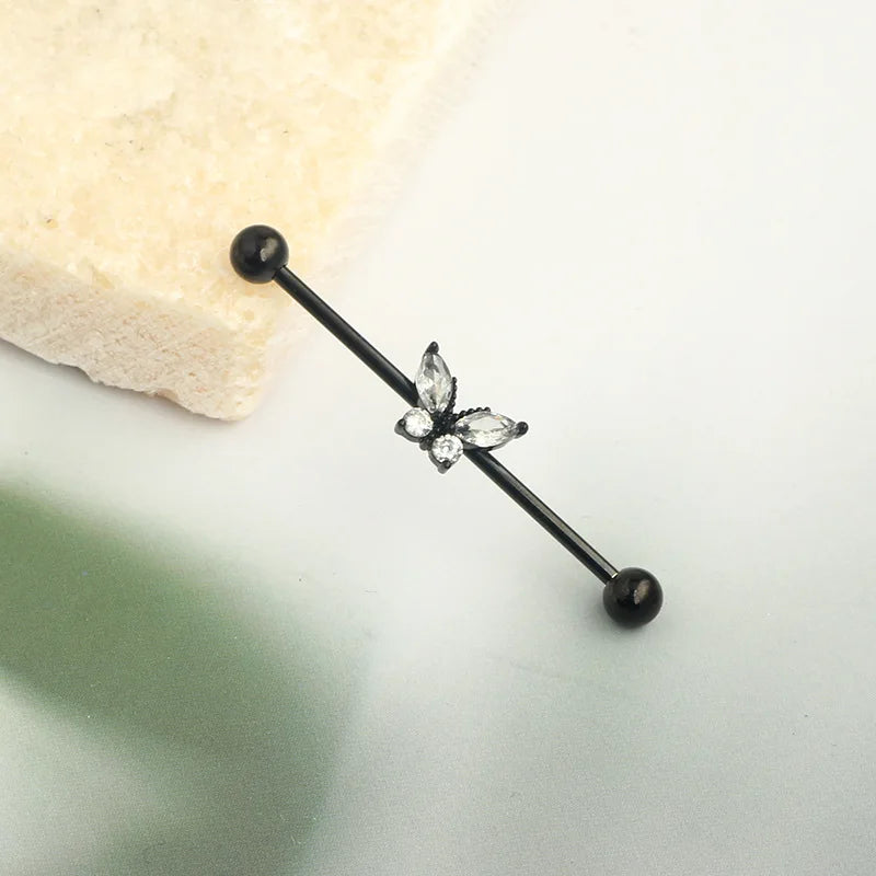 External thread piercing jewelry Industrial barbell earrings Butterfly zircon ear bridge double piercing earrings