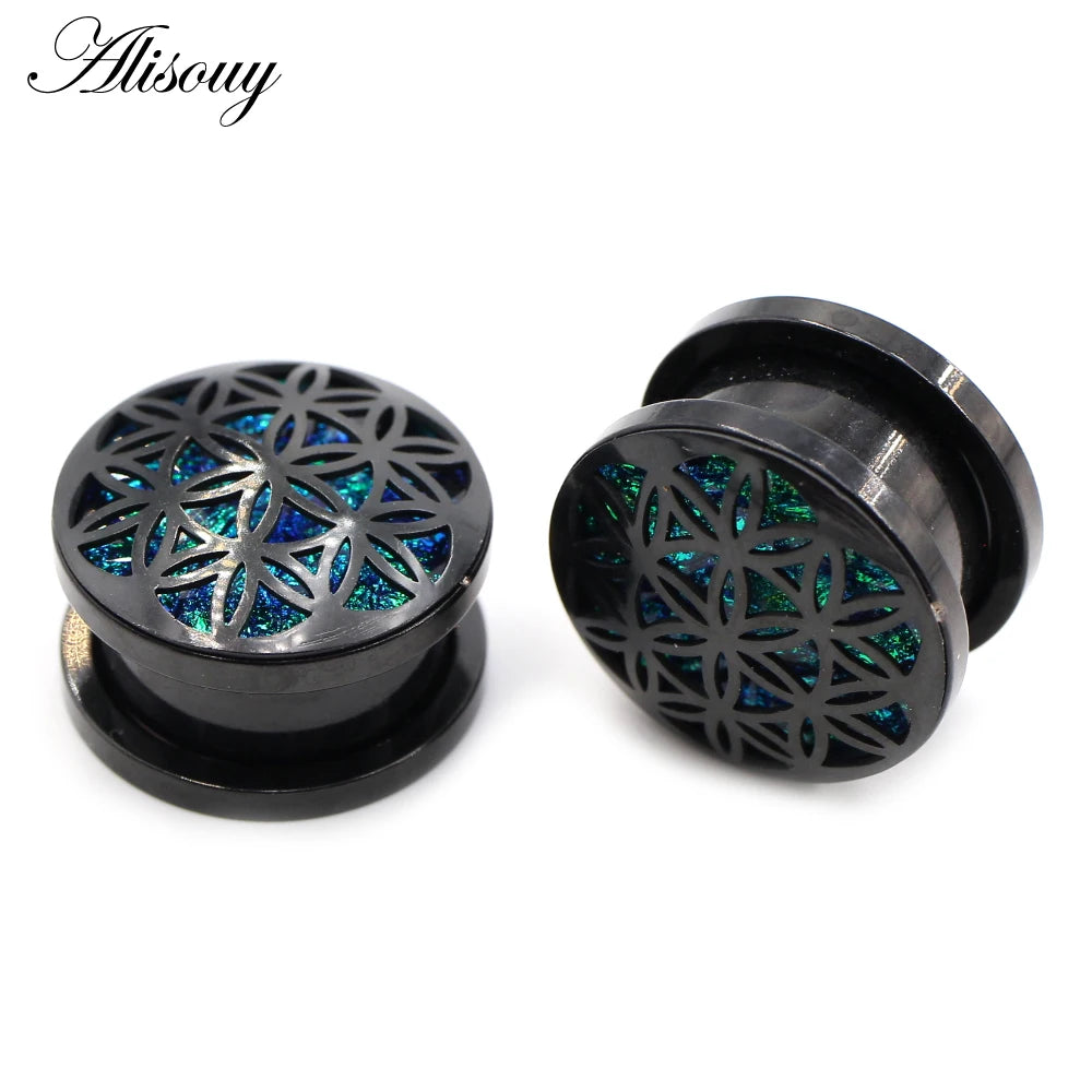 Alisouy 2pcs Retro Stainless Steel Opal Hollow Flower Ear Tunnels Plugs Expander Stretcher Gauges Earrings Body Piercing Jewelry