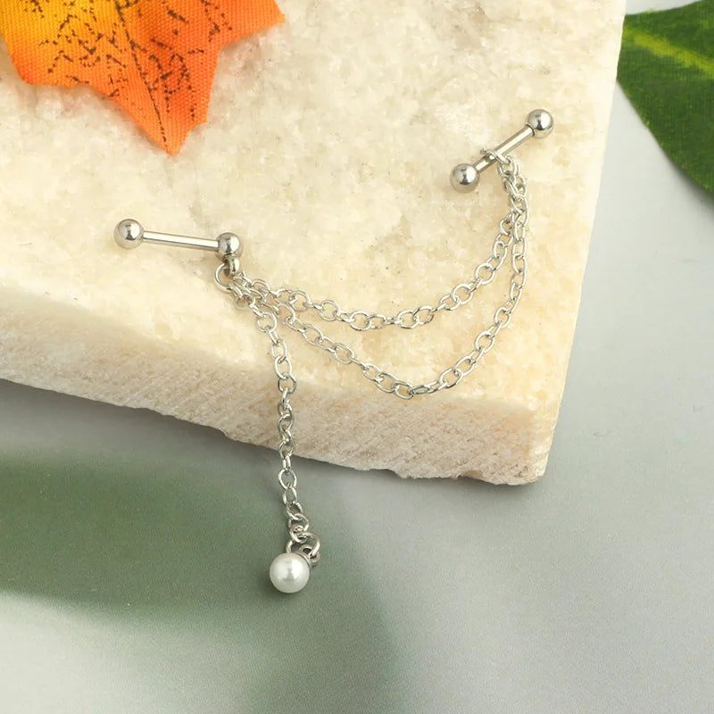 New Silver Color Industrial Piercing Chain Earrings for Women Fashion Ear Cartilage Helix Barbell Surgical Steel Jewelry Gifts