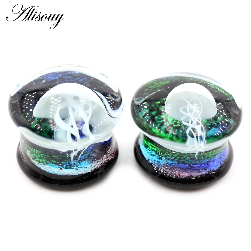 Alisouy 2pcs Transparent Round Glass Luminous Jellyfish Ear Gauges Tunnels Plugs Flesh Stretcher Expander Piercing Body Jewelry
